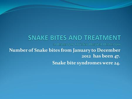 Number of Snake bites from January to December 2012 has been 47. Snake bite syndromes were 24.