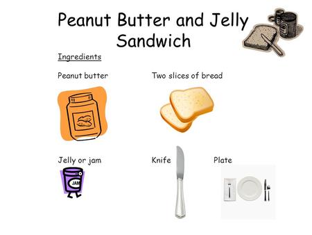 Peanut Butter and Jelly Sandwich Ingredients Peanut butterTwo slices of bread Jelly or jamKnifePlate.