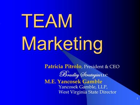 1 TEAM Marketing Patricia Pitrolo, President & CEO B radley Strategies LLC M.E. Yancosek Gamble Yancosek Gamble, LLP, West Virginia State Director.