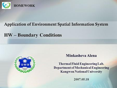 HOMEWORK Application of Environment Spatial Information System HW – Boundary Conditions Minkasheva Alena Thermal Fluid Engineering Lab. Department of.