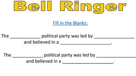 Fill in the Blanks: The ____________ political party was led by ________________ and believed in a ____________________.