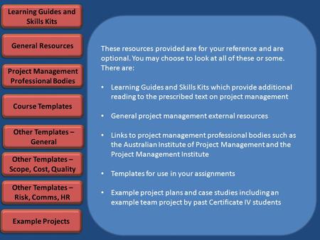These resources provided are for your reference and are optional. You may choose to look at all of these or some. There are: Learning Guides and Skills.