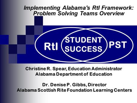 Dr. Denise P. Gibbs, Director Alabama Scottish Rite Foundation Learning Centers PST RtI STUDENT SUCCESS Christine R. Spear, Education Administrator Alabama.