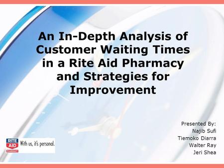 An In-Depth Analysis of Customer Waiting Times in a Rite Aid Pharmacy and Strategies for Improvement Presented By: Najib Sufi Tiemoko Diarra Walter Ray.