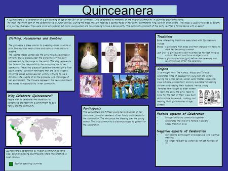 Quinceanera A Quinceanera is a celebration of a girl’s coming of age on her 15 th or 16 th birthday. It is celebrated by members of the Hispanic Community.
