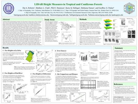 LIDAR Height Measures in Tropical and Coniferous Forests Dar A. Roberts 1, Matthew L. Clark 2, Phil E. Dennison 3, Kerry Q. Halligan 1, Bothaina Natour.
