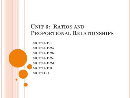 U NIT 3: R ATIOS AND P ROPORTIONAL R ELATIONSHIPS MCC7.RP.1 MCC7.RP.2a MCC7.RP.2b MCC7.RP.2c MCC7.RP.2d MCC7.RP.3 MCC7.G.1.