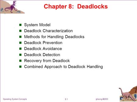 Ghsong  2003 8.1 Operating System Concepts Chapter 8: Deadlocks System Model Deadlock Characterization Methods for Handling Deadlocks Deadlock Prevention.