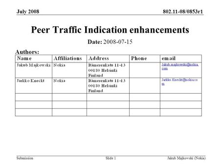 802.11-08/0853r1 Submission July 2008 Jakub Majkowski (Nokia)Slide 1 Peer Traffic Indication enhancements Date: 2008-07-15 Authors: