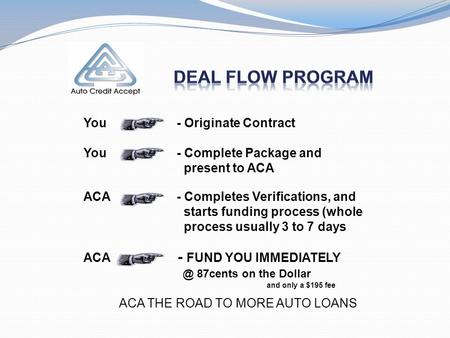 You - Originate Contract You - Complete Package and present to ACA ACA - Completes Verifications, and starts funding process (whole process usually 3 to.