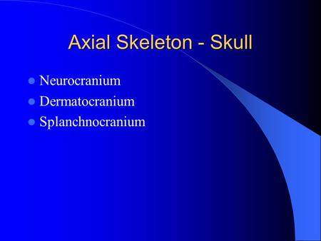 Axial Skeleton - Skull Neurocranium Dermatocranium Splanchnocranium.