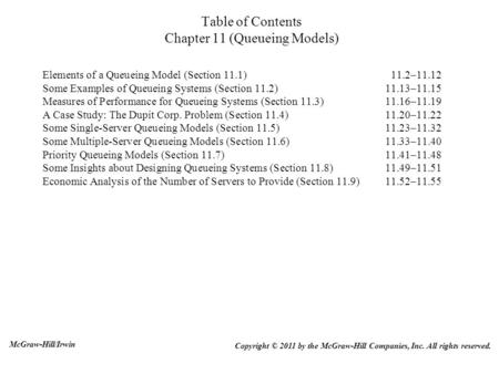 Table of Contents Chapter 11 (Queueing Models) Elements of a Queueing Model (Section 11.1)11.2–11.12 Some Examples of Queueing Systems (Section 11.2)11.13–11.15.