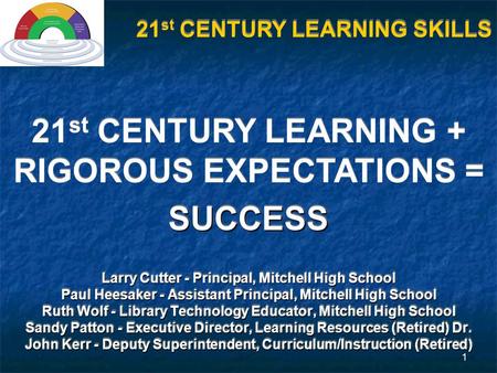 1 21 st CENTURY LEARNING + RIGOROUS EXPECTATIONS =SUCCESS SUCCESS Larry Cutter - Principal, Mitchell High School Paul Heesaker - Assistant Principal, Mitchell.