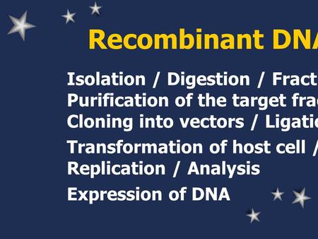 Recombinant DNA Isolation / Digestion / Fractionation Purification of the target fragment Cloning into vectors / Ligation Transformation of host cell /