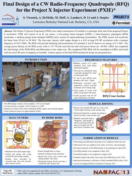 Final Design of a CW Radio-Frequency Quadrupole (RFQ) for the Project X Injector Experiment (PXIE)* Abstract: The Project X Injector Experiment (PXIE)