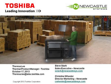 Copyright 2013 Toshiba Corporation. Theresa Lee Thermal Product Manager - Toshiba October 17, 2013 Steve Stark Sales Executive.