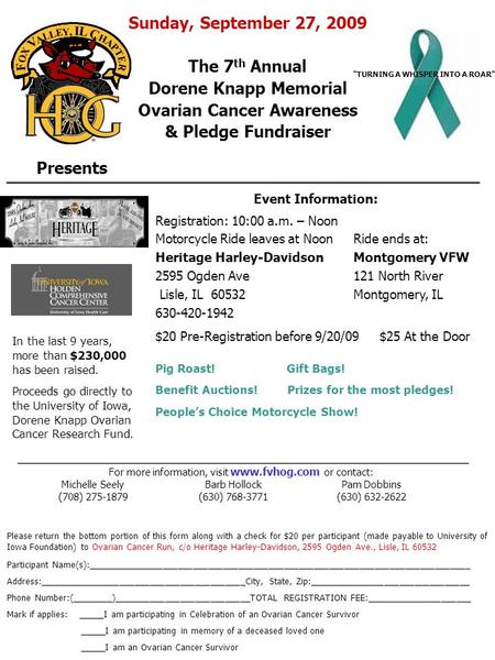 Sunday, September 27, 2009 The 7 th Annual Dorene Knapp Memorial Ovarian Cancer Awareness & Pledge Fundraiser Presents “TURNING A WHISPER INTO A ROAR”