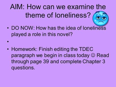 AIM: How can we examine the theme of loneliness? DO NOW: How has the idea of loneliness played a role in this novel? Homework: Finish editing the TDEC.