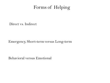 Forms of Helping Direct vs. Indirect Emergency, Short-term versus Long-term Behavioral versus Emotional.