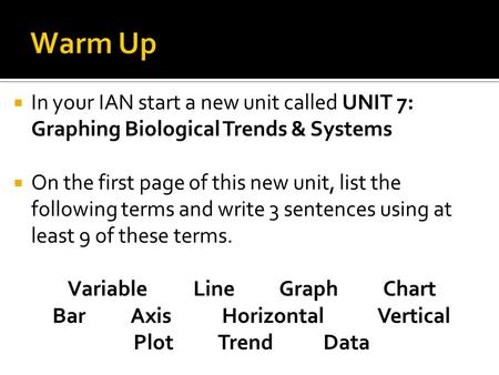  In your IAN start a new unit called UNIT 7: Graphing Biological Trends & Systems  On the first page of this new unit, list the following terms and write.