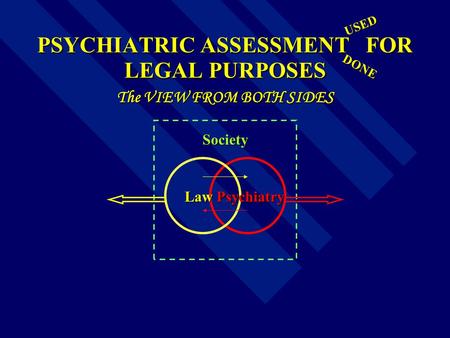 PSYCHIATRIC ASSESSMENT FOR LEGAL PURPOSES The VIEW FROM BOTH SIDES Law Psychiatry Law Psychiatry Society DONE USED.