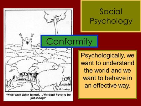 Conformity Social Psychology Psychologically, we want to understand the world and we want to behave in an effective way.
