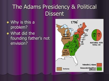 The Adams Presidency & Political Dissent Why is this a problem? Why is this a problem? What did the founding father’s not envision? What did the founding.