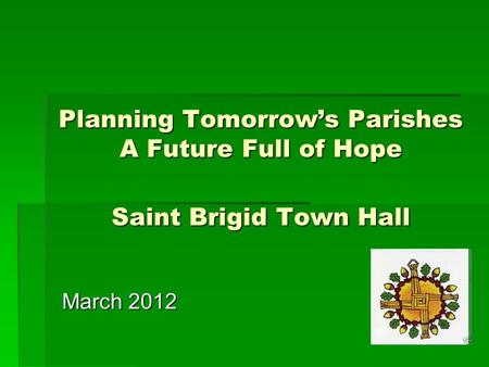 Planning Tomorrow’s Parishes A Future Full of Hope Saint Brigid Town Hall March 2012.