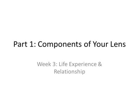 Part 1: Components of Your Lens Week 3: Life Experience & Relationship.