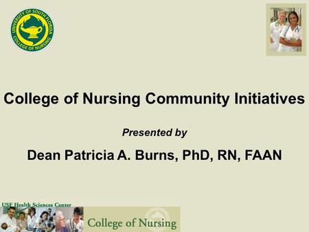 College of Nursing Community Initiatives Presented by Dean Patricia A. Burns, PhD, RN, FAAN.