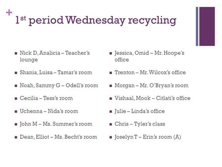 + 1 st period Wednesday recycling Nick D, Analicia – Teacher’s lounge Shania, Luisa – Tamar’s room Noah, Sammy G – Odell’s room Cecilia – Tess’s room Uchenna.