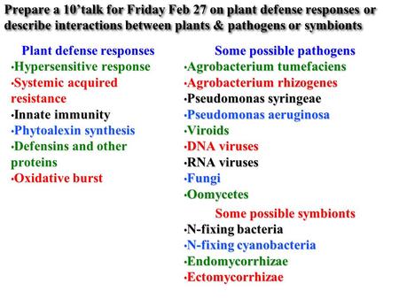 Prepare a 10’talk for Friday Feb 27 on plant defense responses or describe interactions between plants & pathogens or symbionts Plant defense responses.