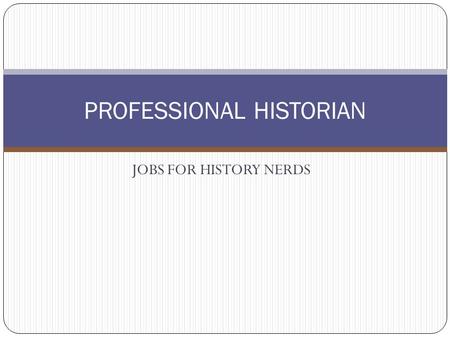 JOBS FOR HISTORY NERDS PROFESSIONAL HISTORIAN. HISTORIAN Someone who is an authority on history and who studies it and writes about it. A writer, student,