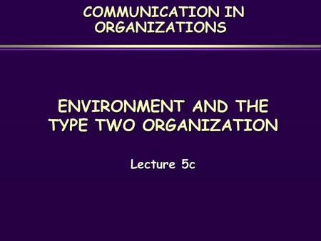 COMMUNICATION IN ORGANIZATIONS COMMUNICATION IN ORGANIZATIONS ENVIRONMENT AND THE TYPE TWO ORGANIZATION Lecture 5c.