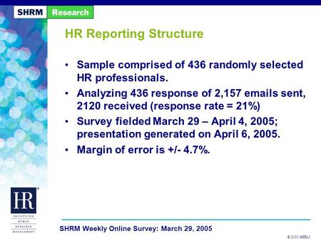 © 2005 SHRM SHRM Weekly Online Survey: March 29, 2005 HR Reporting Structure Sample comprised of 436 randomly selected HR professionals. Analyzing 436.