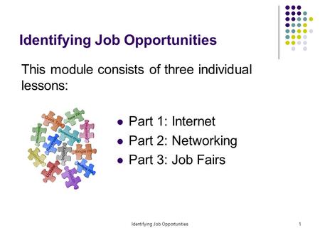 Identifying Job Opportunities1 This module consists of three individual lessons: Part 1: Internet Part 2: Networking Part 3: Job Fairs.