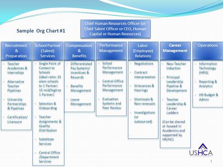 Sample Org Chart #1 Recruitment & Preparation Recruitment & Preparation -Teacher Academies & Internships -Alternative Teacher Pipelines -University Partnerships.