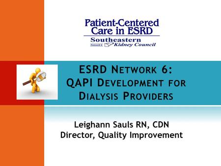 ESRD N ETWORK 6: QAPI D EVELOPMENT FOR D IALYSIS P ROVIDERS Leighann Sauls RN, CDN Director, Quality Improvement.
