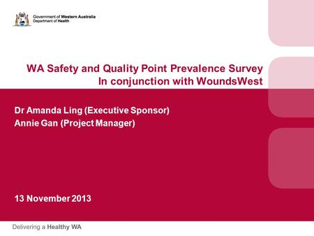 WA Safety and Quality Point Prevalence Survey In conjunction with WoundsWest Dr Amanda Ling (Executive Sponsor) Annie Gan (Project Manager) 13 November.