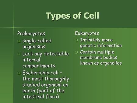 Types of Cell Prokaryotes  single-celled organisms  Lack any detectable internal compartments  Escherichia coli – the most thoroughly studied organism.