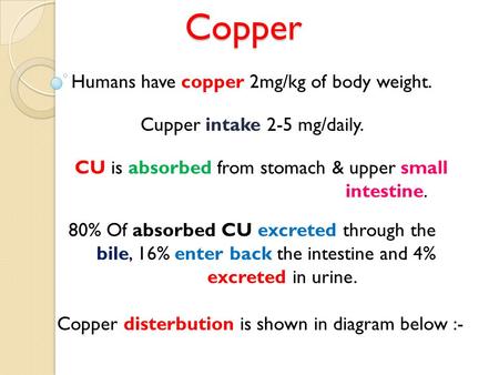 Copper Humans have copper 2mg/kg of body weight. Cupper intake 2-5 mg/daily. CU is absorbed from stomach & upper small intestine. 80% Of absorbed CU excreted.