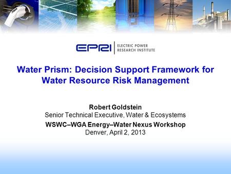 Robert Goldstein Senior Technical Executive, Water & Ecosystems WSWC–WGA Energy–Water Nexus Workshop Denver, April 2, 2013 Water Prism: Decision Support.