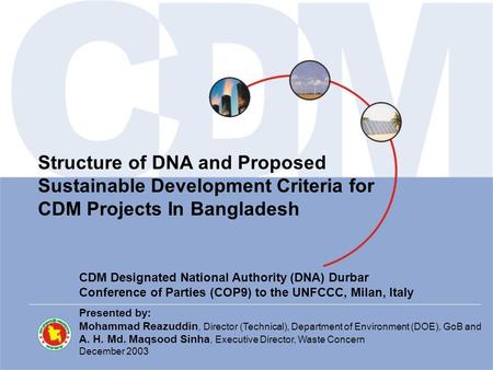 Structure of DNA and Proposed Sustainable Development Criteria for CDM Projects In Bangladesh CDM Designated National Authority (DNA) Durbar Conference.
