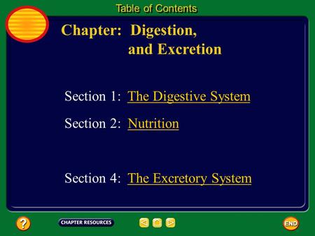 Chapter: Digestion, and Excretion Table of Contents Section 1: The Digestive System Section 2: NutritionNutrition Section 4: The Excretory SystemThe Excretory.