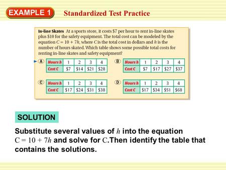 EXAMPLE 1 Standardized Test Practice SOLUTION Substitute several values of h into the equation C = 10 + 7h and solve for C.Then identify the table that.