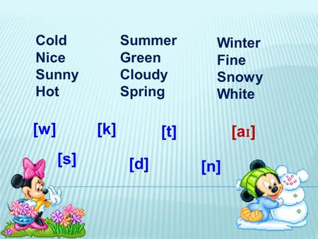 Cold Nice Sunny Hot Summer Green Cloudy Spring Winter Fine Snowy White [k] [a ɪ ] [t] [s] [d] [n] [w]