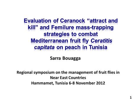1 Sarra Bouagga Regional symposium on the management of fruit flies in Near East Countries Hammamet, Tunisia 6-8 November 2012.