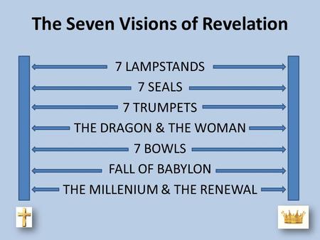 The Seven Visions of Revelation 7 LAMPSTANDS 7 SEALS 7 TRUMPETS THE DRAGON & THE WOMAN 7 BOWLS FALL OF BABYLON THE MILLENIUM & THE RENEWAL.