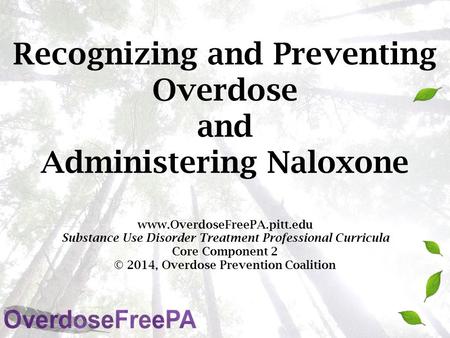 Recognizing and Preventing Overdose and Administering Naloxone www.OverdoseFreePA.pitt.edu Substance Use Disorder Treatment Professional Curricula Core.