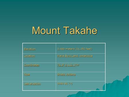 Mount Takahe Elevation 3,460 meters (11,352 feet) Location Marie Byrd LandMarie Byrd Land, Antarctica Antarctica Marie Byrd LandAntarctica Coordinates.
